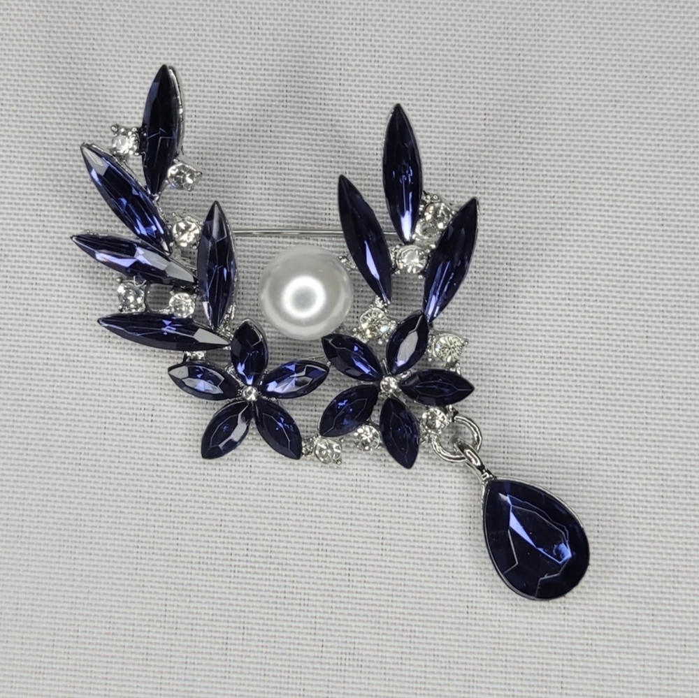 Blue Crystal Floral Brooch w/ Pearl Center & Teardrop Accent | Silver-Tone State